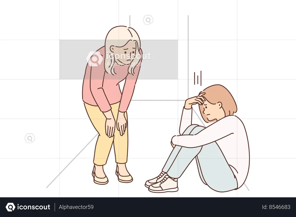 Una adolescente está llorando sentada en el suelo del pasillo cerca de su hermana, que quiere consolar a su compañero frustrado  Ilustración
