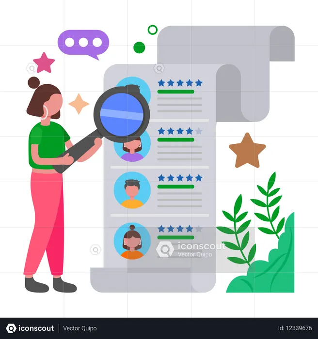 Chica analizando la revisión de la aplicación  Ilustración