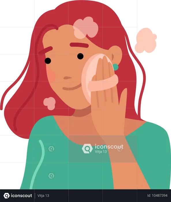 Chica aplicando polvos compactos en el rostro para darle luminosidad  Ilustración