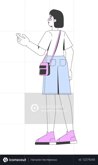 Chica asiática de la generación Z a la moda con bolso bandolera mirando hacia otro lado  Ilustración