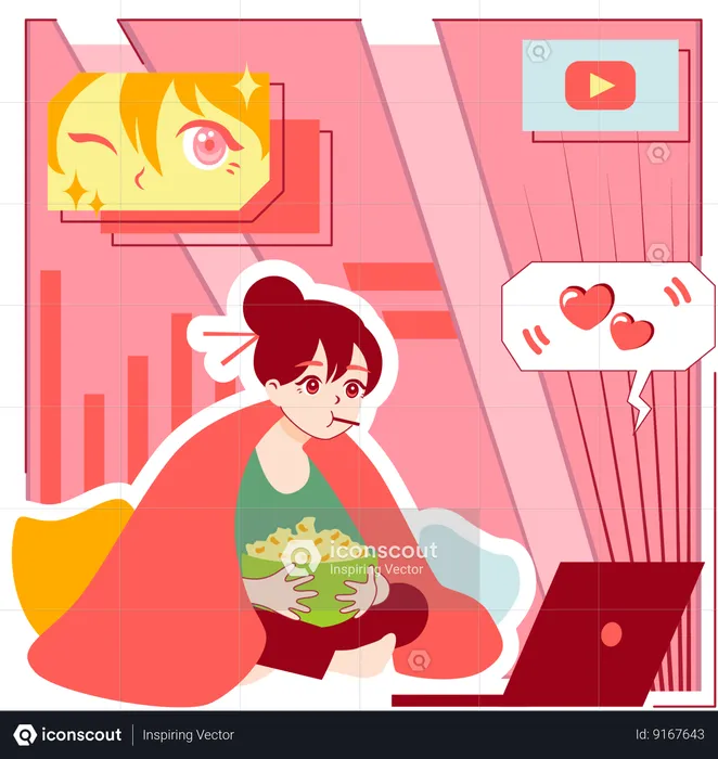 Chica asiática viendo anime  Ilustración