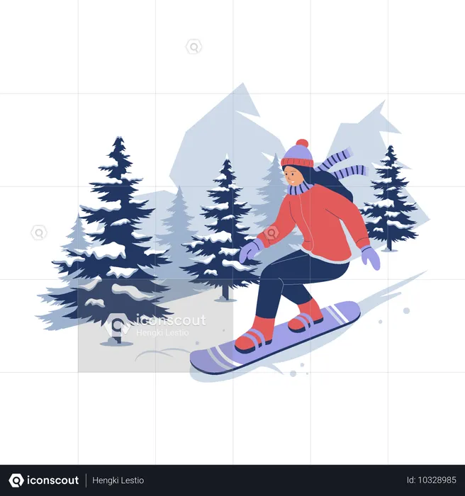 Chica bajando una cuesta con una tabla de snowboard  Ilustración