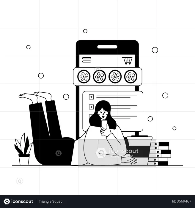 Chica buscando comida en aplicación móvil  Ilustración