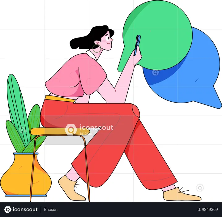 Chica mirando comentario en línea en el móvil  Ilustración