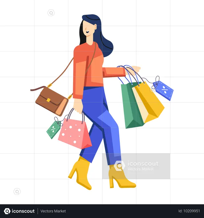 Chica caminando con bolsas de compras  Ilustración