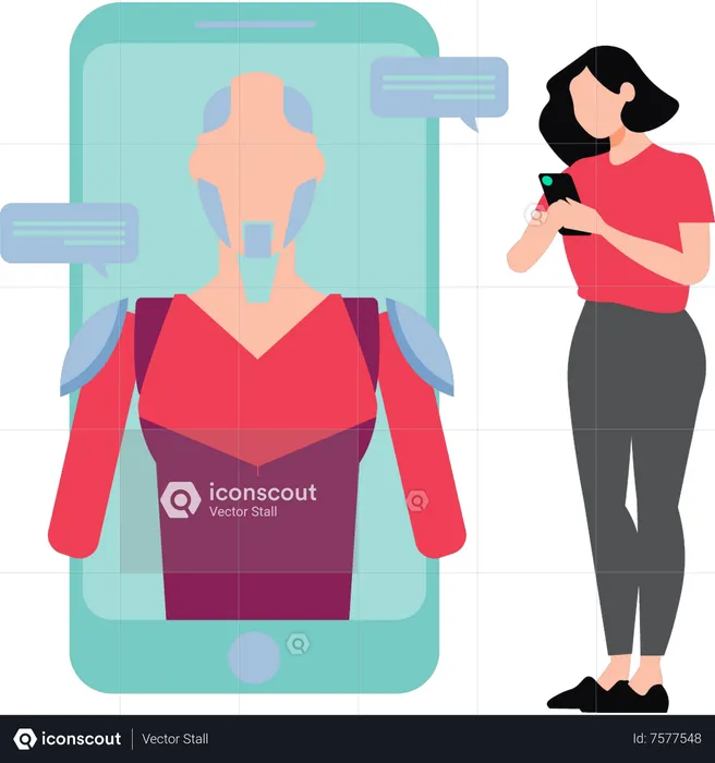 Chica charlando con chatbot en el móvil  Ilustración