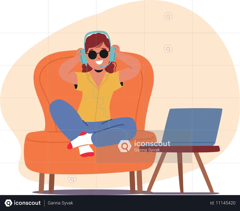 Una alegre niña ciega con gafas de sol y auriculares se sienta cómodamente en un sillón  Ilustración