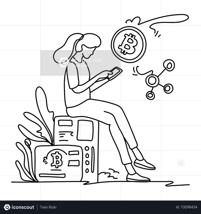 Chica comerciando con criptomonedas en línea  Ilustración