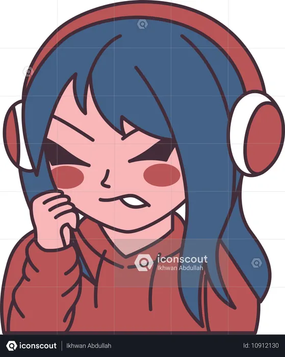 Chica con auriculares y expresión enojada  Ilustración