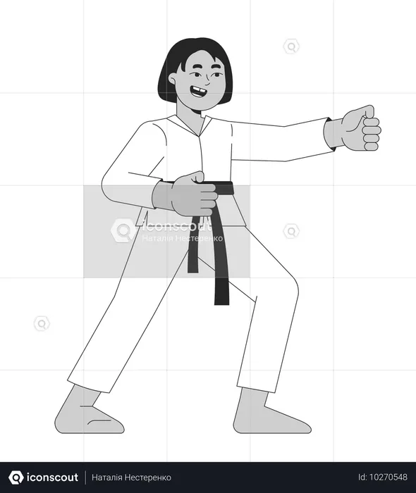 Chica de kimono de artes marciales en posición de combate  Ilustración