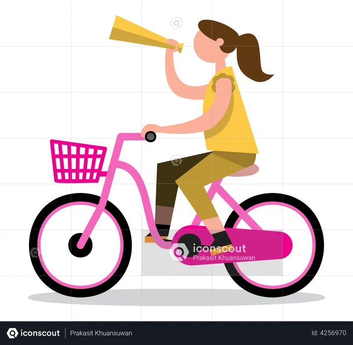 Chica con megáfono en bicicleta  Ilustración