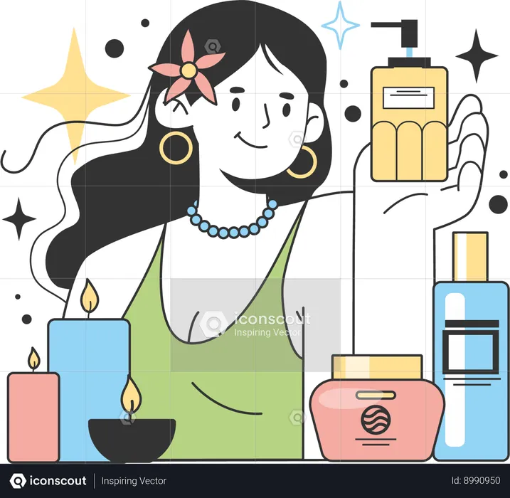 Chica con productos cosméticos  Ilustración