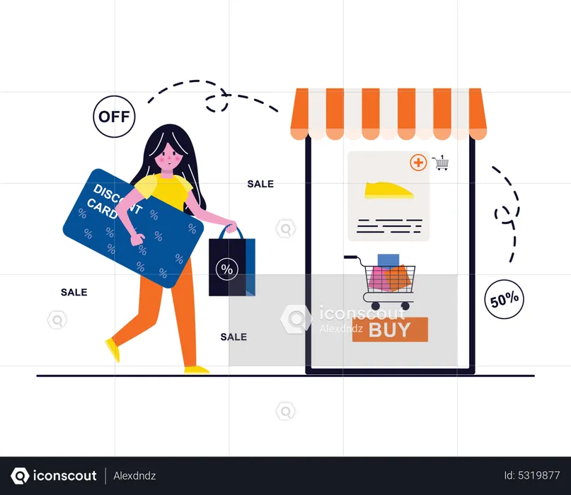 Chica con tarjeta de descuento haciendo compras en línea  Ilustración