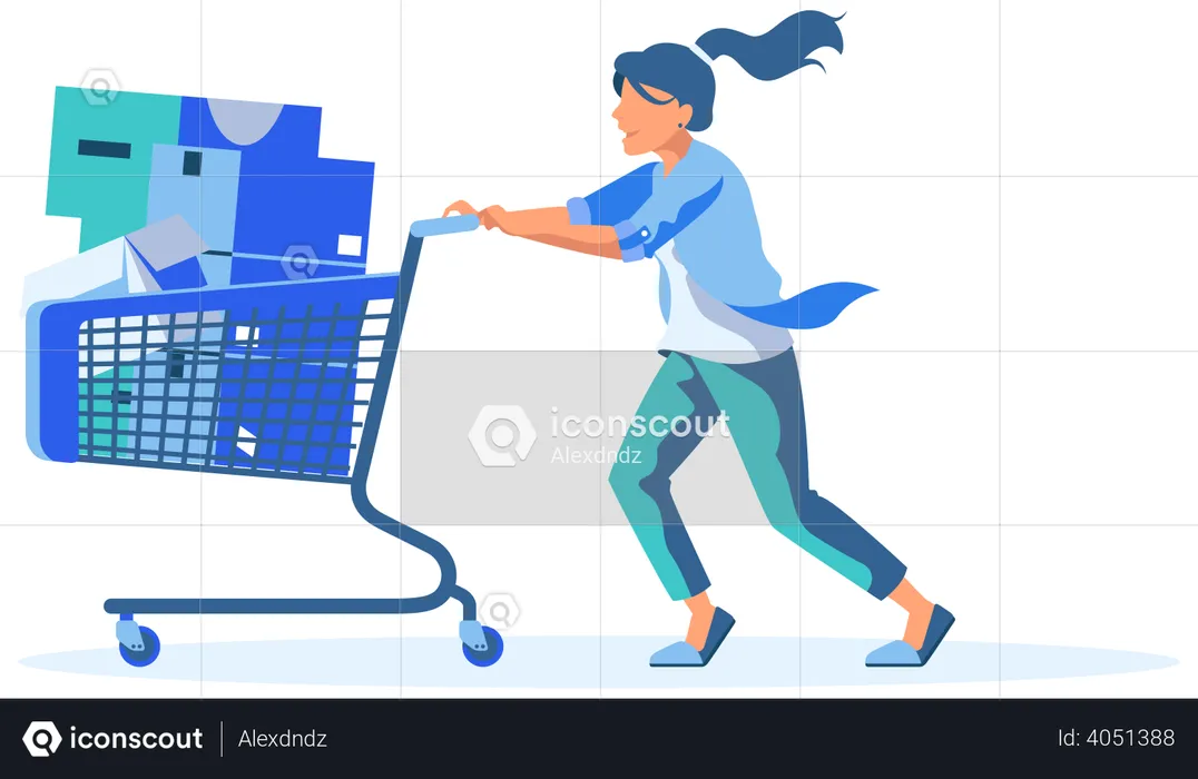 Chica con un carrito de compras  Ilustración