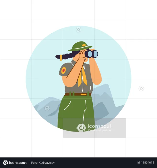 Niña con uniforme de exploradora observando las montañas con un telescopio  Ilustración
