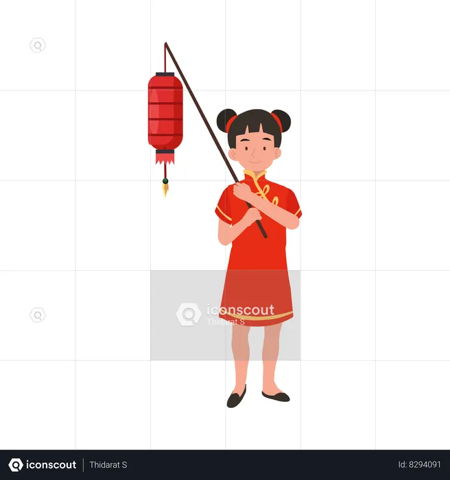 Chica con vestido tradicional chino sosteniendo linterna roja  Ilustración