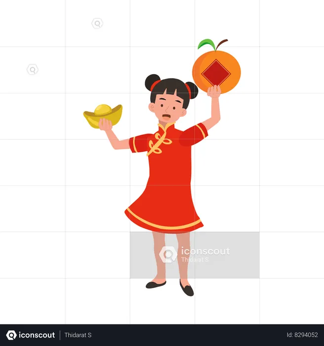 Chica con vestido tradicional chino sosteniendo una canasta dulce y naranja  Ilustración