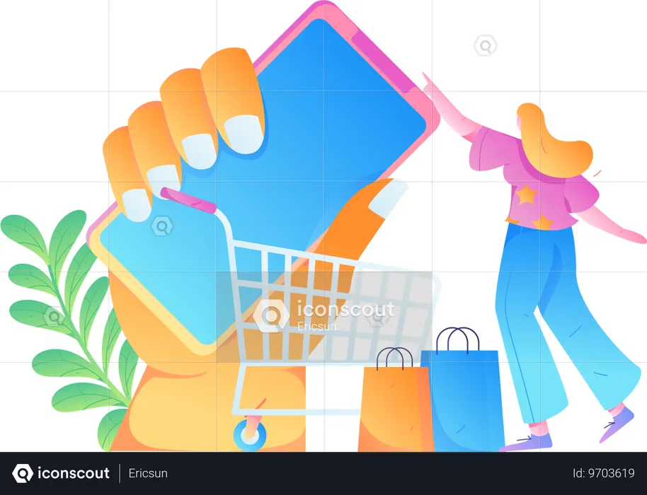 Chica de compras a través de una aplicación móvil  Ilustración