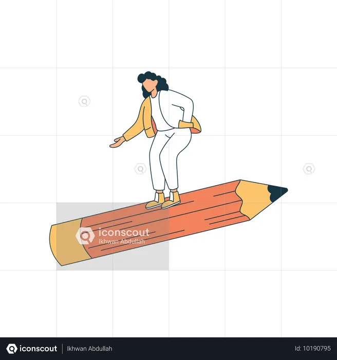 Chica de secundaria surfeando en un lápiz gigante  Ilustración