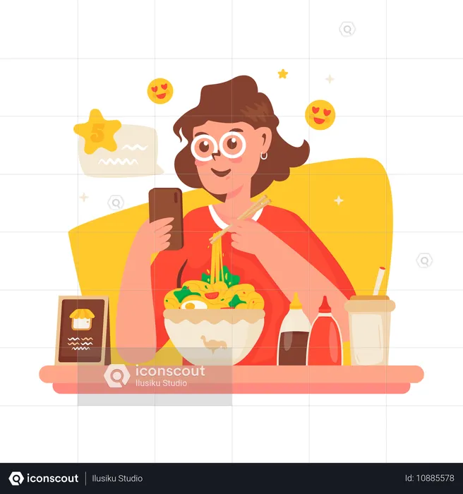 Chica dejando reseñas de comida  Ilustración