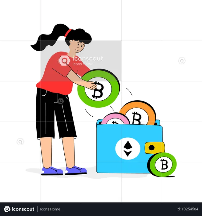 Chica deposita Bitcoin en billetera de criptomonedas  Ilustración