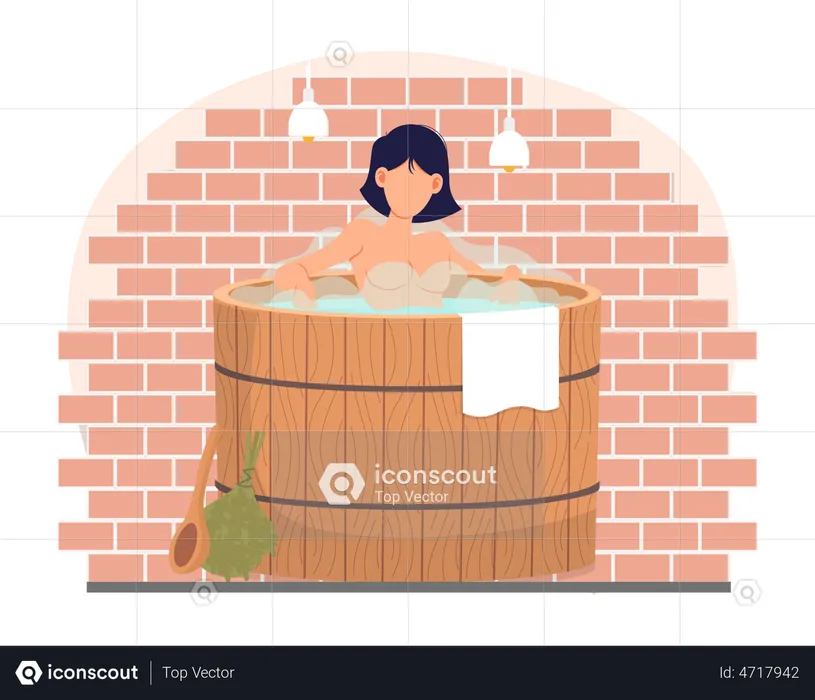 Chica desnuda en barril descansa en la sauna. Personaje femenino en vapor caliente. Señora limpia la piel en banya  Ilustración