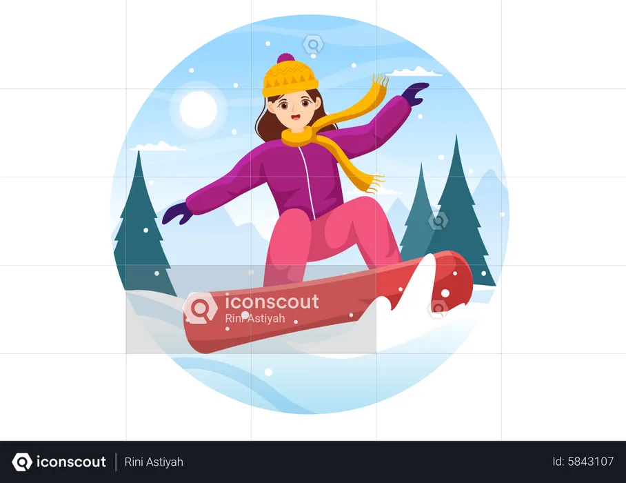 Niña disfrutando del snowboard  Ilustración