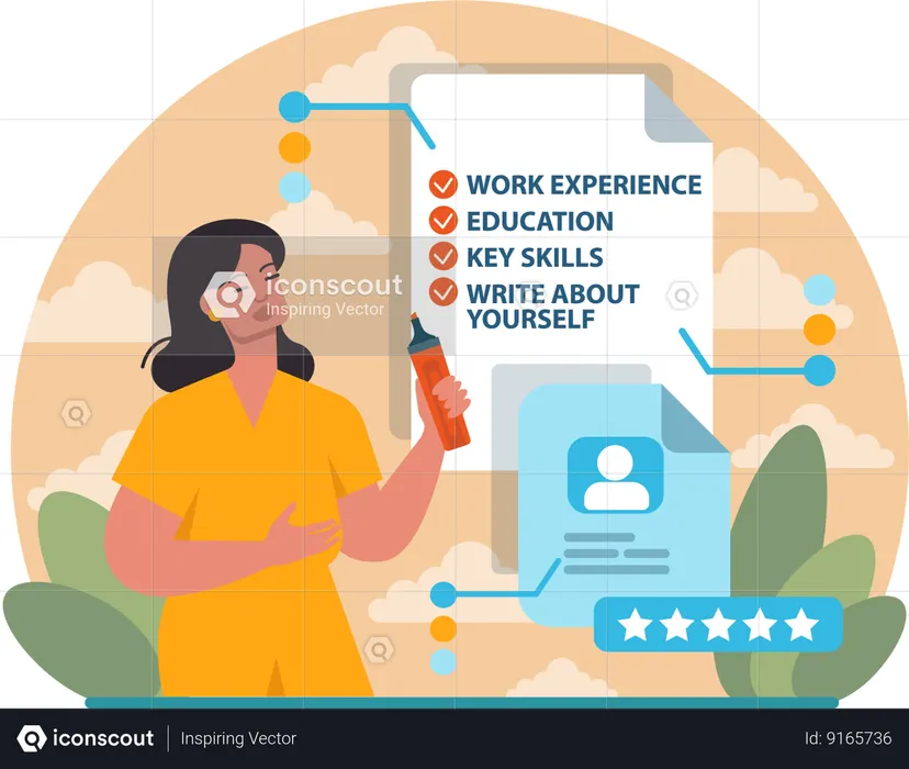Chica editando cv con reseña.  Ilustración