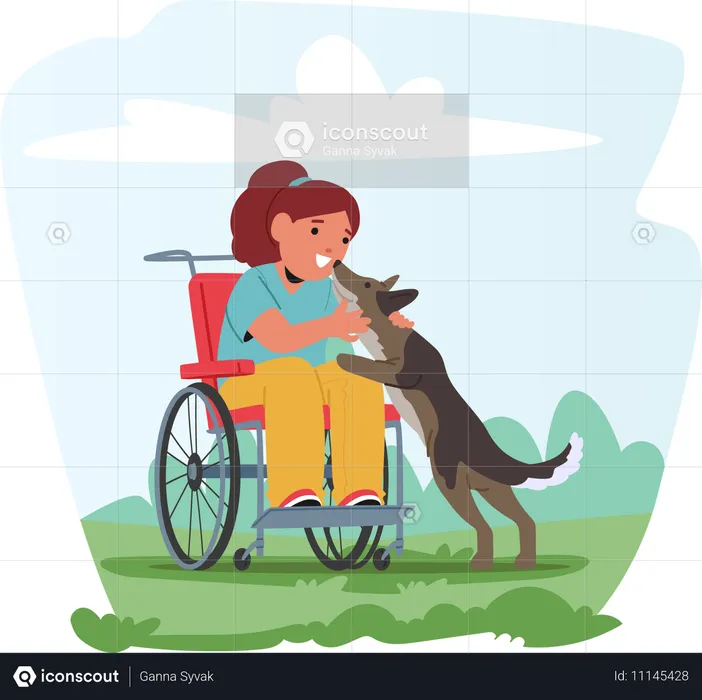 Niña en silla de ruedas con perro de servicio  Ilustración