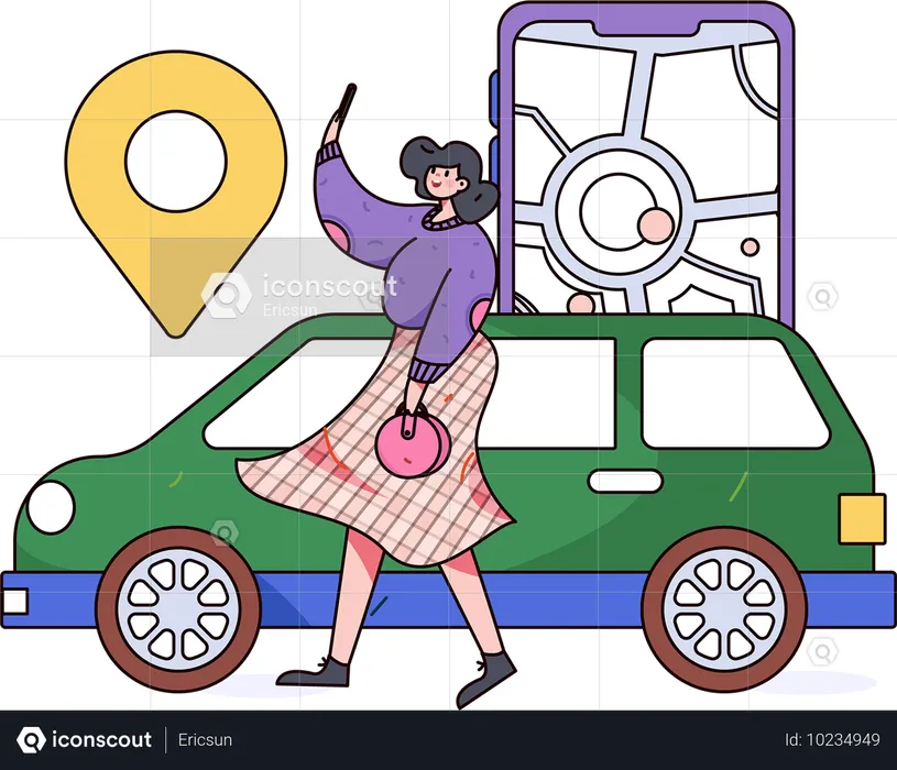 Chica encontrando un auto usando una aplicación de servicio de auto  Ilustración