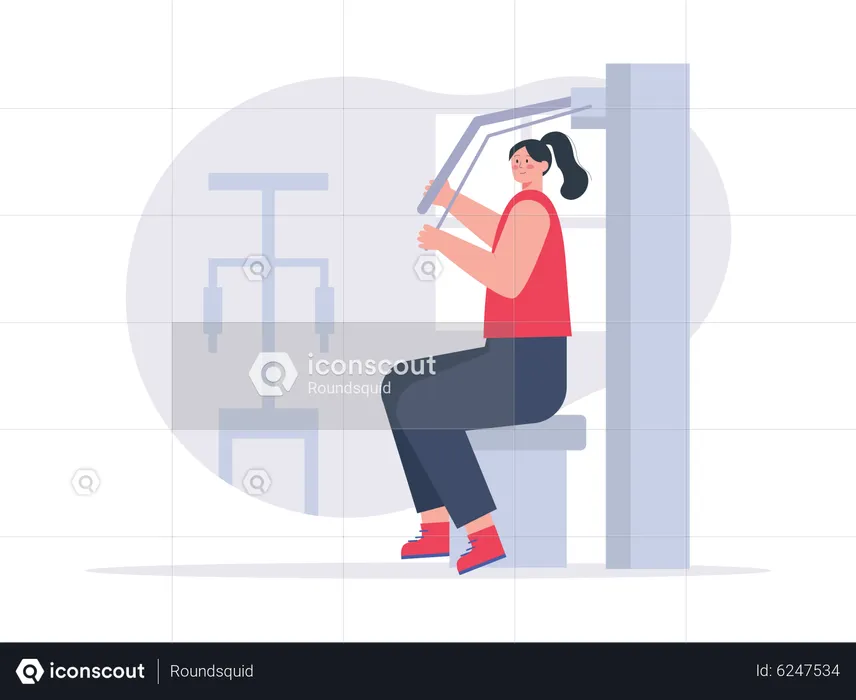 Chica trabajando en la máquina de prensa de pecho en el gimnasio  Ilustración