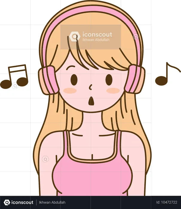 Chica escuchando música con auriculares mientras canta  Ilustración