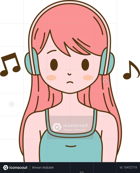 Chica escuchando música con auriculares y expresión triste  Ilustración