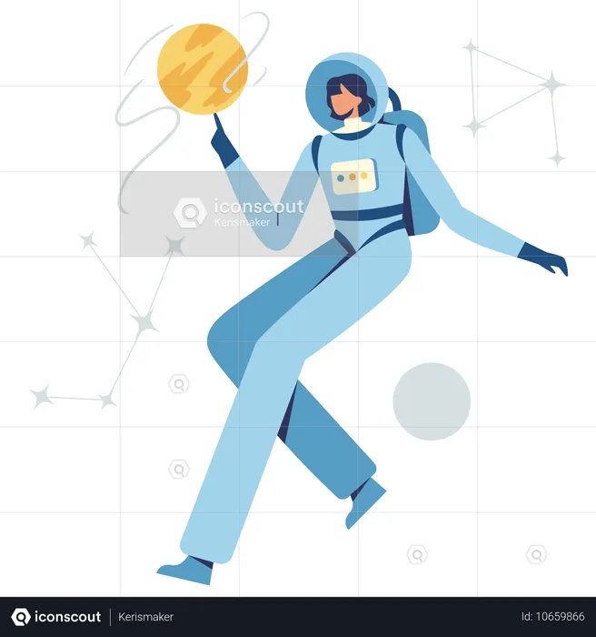 Chica espacial sosteniendo planetario  Ilustración