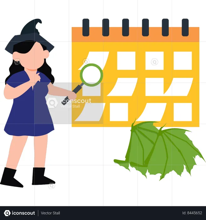 La chica busca el día de Halloween en el calendario.  Ilustración