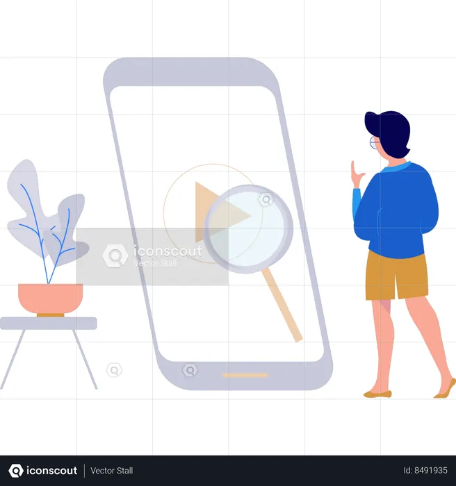 La chica busca un vídeo en un teléfono inteligente  Ilustración