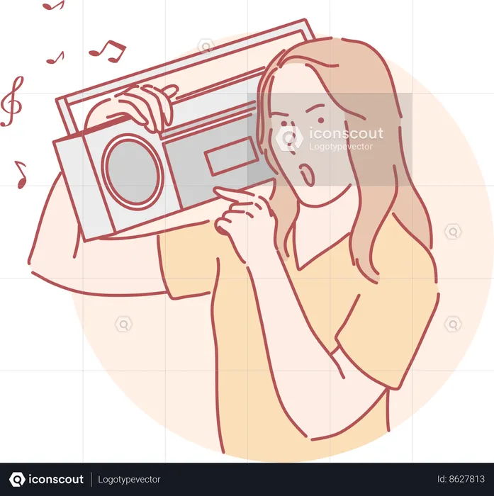 La chica está escuchando música desde el boombox.  Ilustración