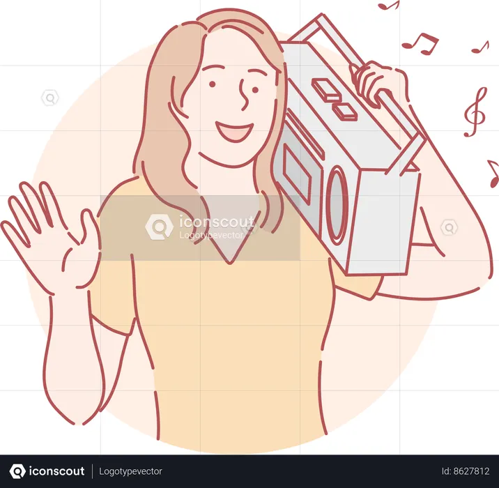 La chica está escuchando música de la radio.  Ilustración