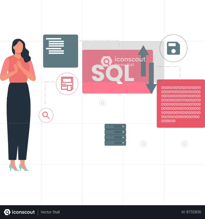 La chica habla de convertir SQL a código binario.  Ilustración