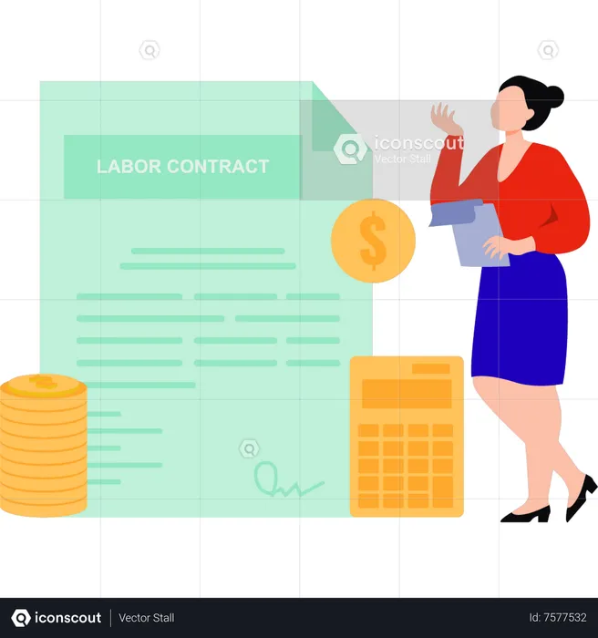 La chica está mirando el contrato laboral.  Ilustración