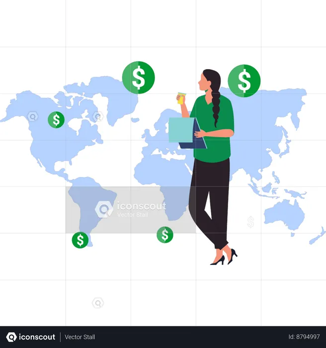 La muchacha está mirando la transferencia global de dinero  Ilustración