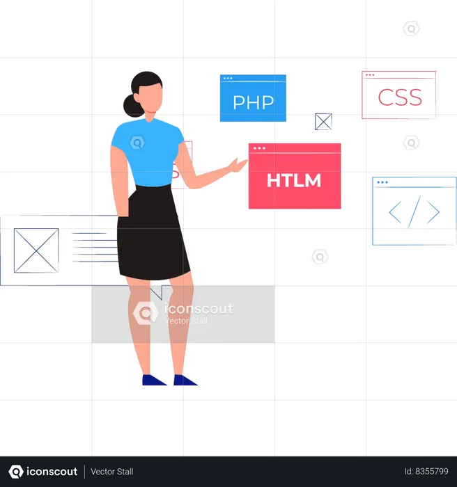La chica muestra codificación HTML, PHP y CSS.  Ilustración