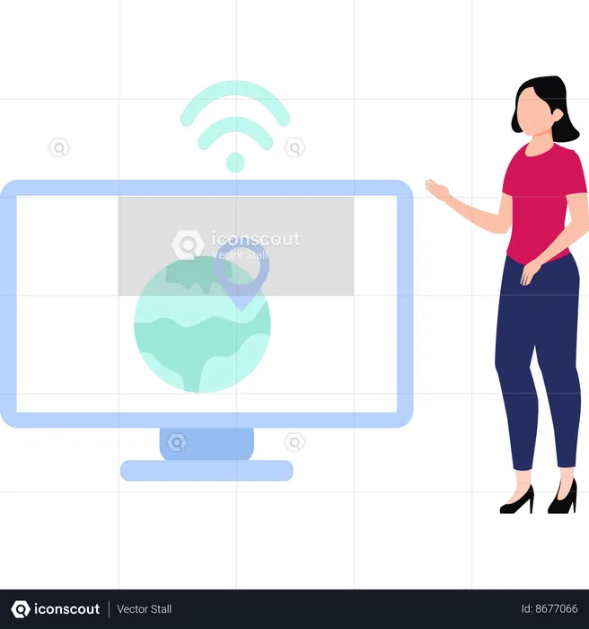 La chica muestra la ubicación global de Wi-Fi.  Ilustración