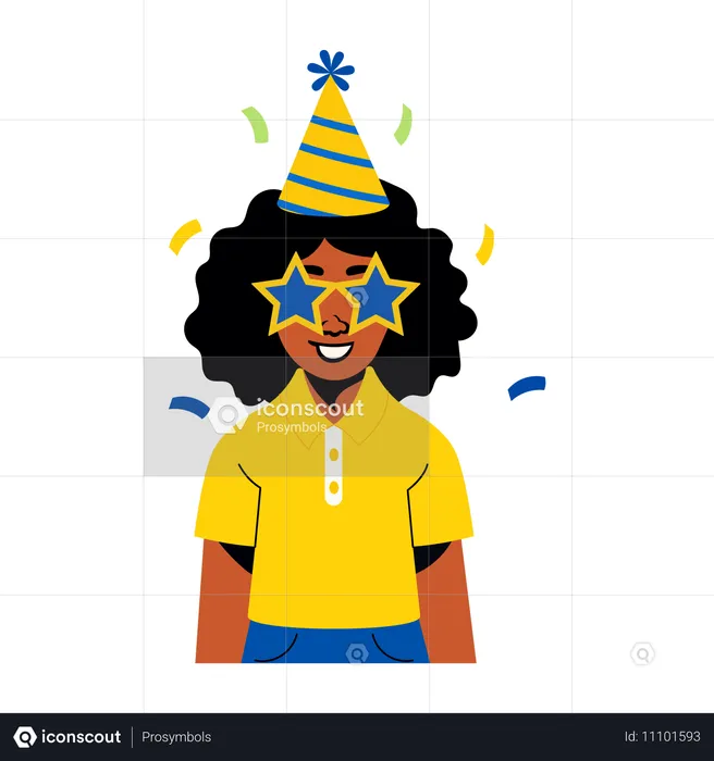 Chica fiestera con gafas de estrella y sombrero de cono  Ilustración