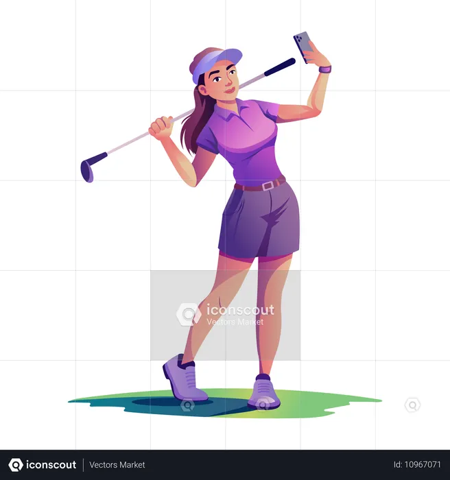 Chica golfista haciendo clic en un selfie  Ilustración