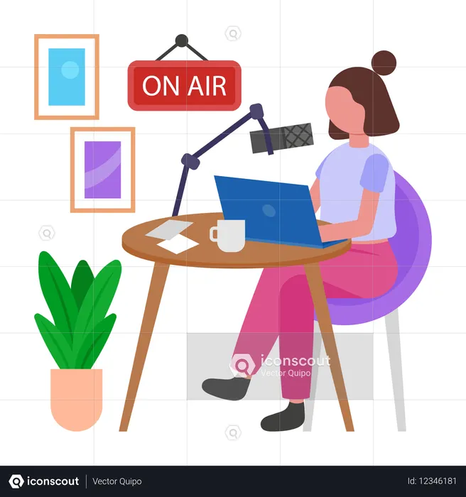 Chica grabando podcast  Ilustración