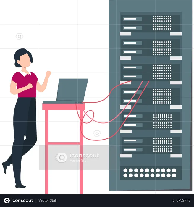 La chica ha conectado los servidores de bases de datos a la computadora portátil.  Ilustración