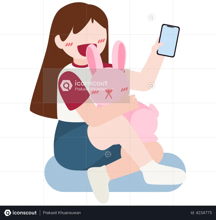 Chica haciendo clic en selfie con peluche  Ilustración
