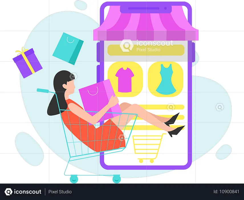 Chica haciendo compras móviles  Ilustración