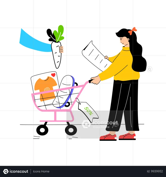 Chica haciendo compras con lista de compras  Ilustración